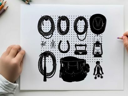 Western cowboy silhouette of ropes hats and saddles