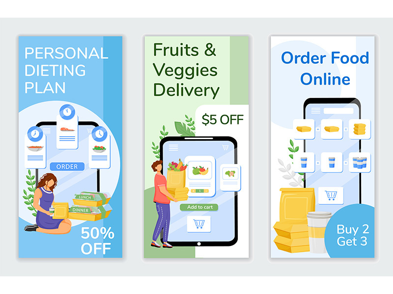 Food delivery special offers flyers flat vector templates set