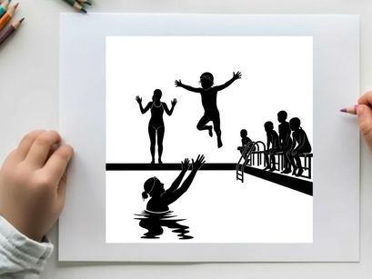 Silhouette of children playing and jumping into a swimming pool