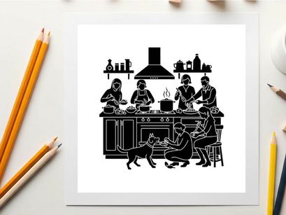 Silhouette of family cooking together in kitchen with dog