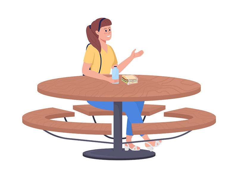 School girl sitting at table semi flat color vector character