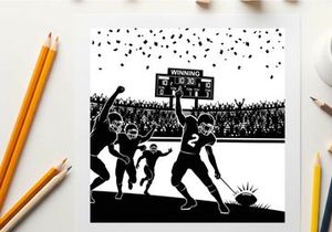 Silhouette of football players celebrating victory in a stadium with a scoreboard