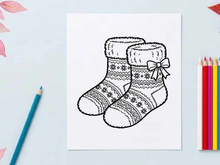 Pair of cozy Christmas socks with snowflake patterns and a bow, black and white line art.