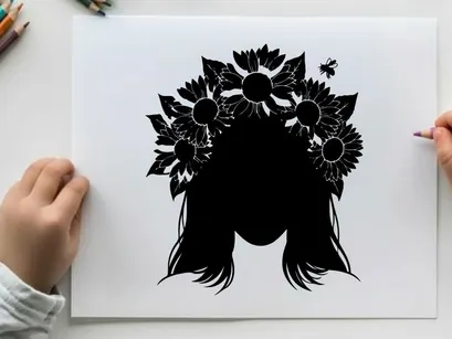 Silhouette of woman with sunflowers in her hair