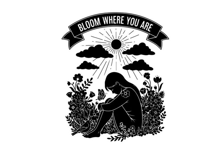 Silhouette of a person in a field with sun and flowers 'bloom where you are' silhouette