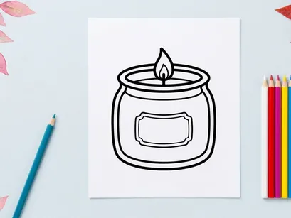 Burning candle icon in a glass jar. Simple line art illustration of a lit scented candle.