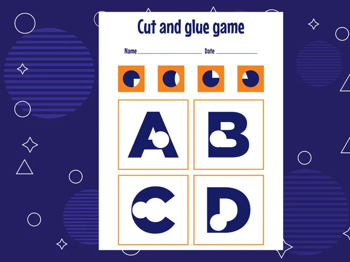 7 Pages Cut and glue game for kids with Alphabet. Cutting practice for preschoolers. Education paper game for children
