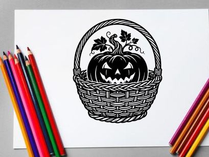 Halloween-Kürbis mit geschnitztem Gesicht in einem Weidenkorb für Herbstdekoration