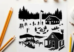 Winter camp silhouette scene with people and buildings