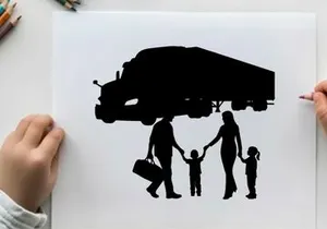 Family silhouette with parents and children under a moving truck silhouette