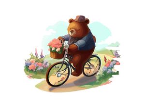 Bear riding a bike in floral countryside road, isolated in white background.
