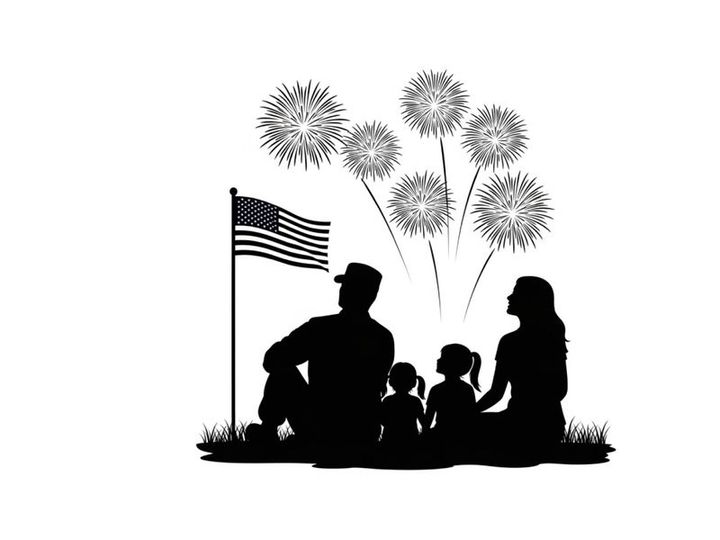 Family watching fireworks display on 4th of july in silhouette