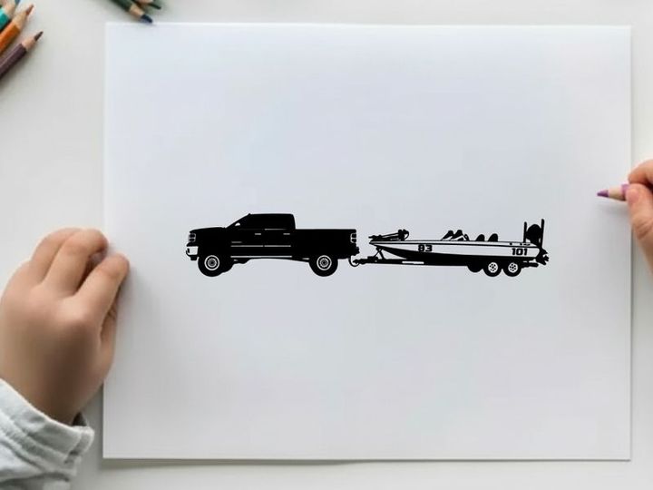 Silhouette of a pickup truck towing a boat trailer