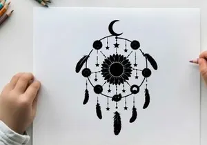 Silhouette dreamcatcher with crescent moon and feathers
