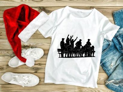 Black silhouette illustration of a group of people cheering and celebrating on a bench