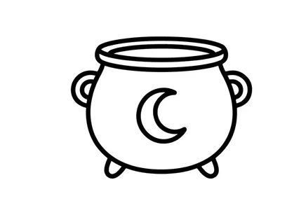 Witch cauldron icon with moon symbol. Black and white vector illustration of magic pot.