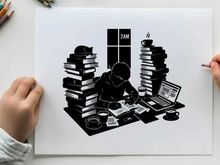 Silhouette of a person surrounded by books and technology in a cluttered workspace silhouette