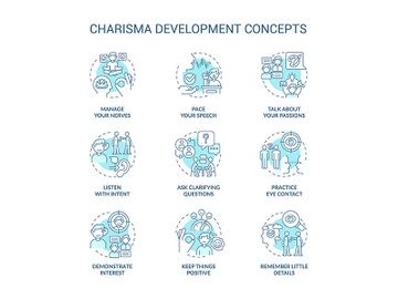 Charisma development turquoise concept icons set preview picture