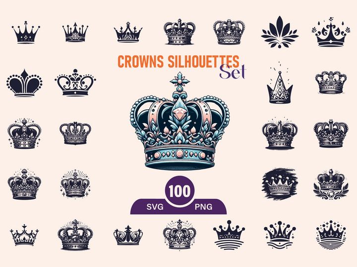 Royal Crown Silhouette, Retro King Crown Icons.