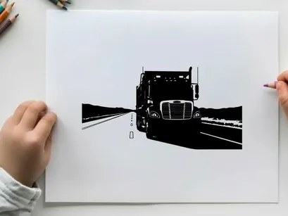 Silhouette of a semi truck driving on a highway