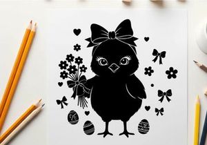 Adorable easter chick in silhouette with floral decorations
