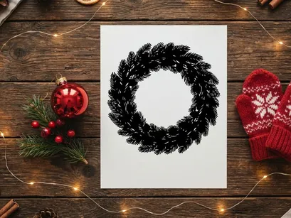 Black Christmas wreath silhouette isolated on white background for holiday design projects.