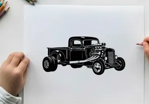 Vintage pickup truck silhouette with chrome accents and large wheels