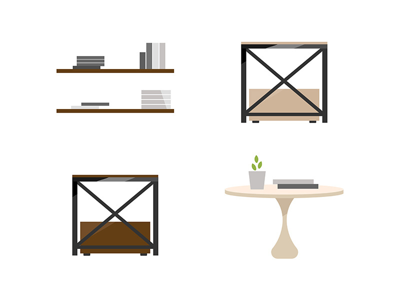 Tables and shelves flat color vector objects set