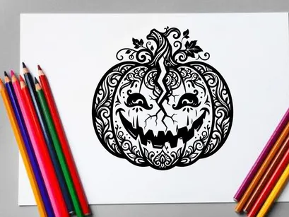 Decorative Halloween pumpkin with carved face and intricate patterns