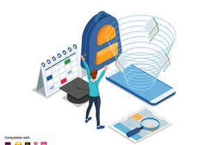 Happy student with mobile phone - Landing page illustration template.
