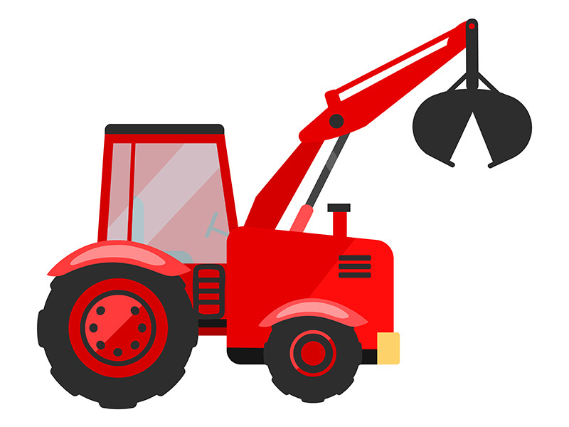 Red digger tractor flat vector illustration