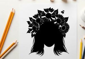 Silhouette of woman with sunflowers in her hair