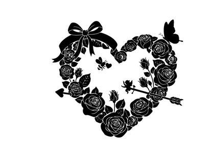 Silhouette heart with roses bow and butterfly