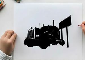 Silhouette of a semi truck beside a billboard on a white background