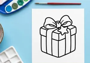 Ilustración de línea de caja de regalo navideña con un lazo decorativo y un icono de estrella.