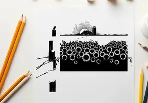 Silhouette of a cityscape with bubbles and a bird