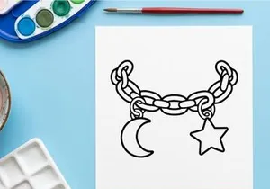 Charm bracelet with moon and star icons. Celestial jewelry line art vector illustration.
