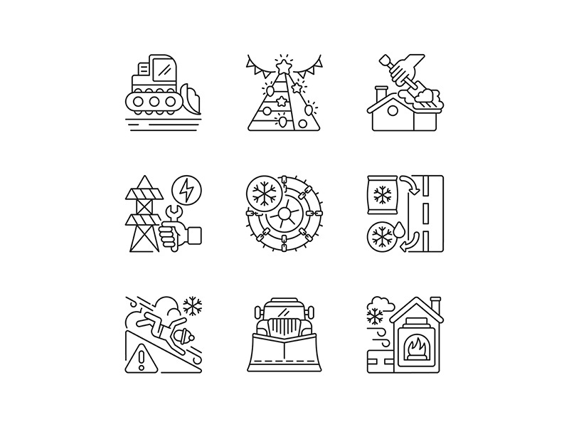 Winter city services linear icons set