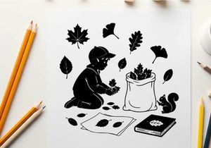 Silhouette of child collecting leaves with squirrel and book