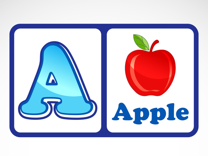 Alphabet flashcards for kids. Educational preschool learning ABC card with an element.
