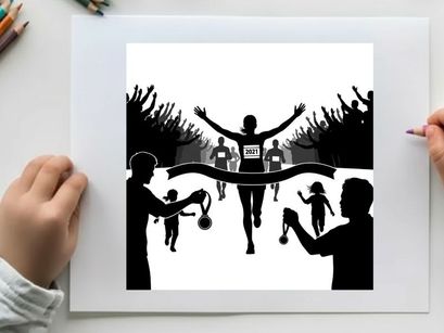 Victorious runner crossing finish line in silhouette