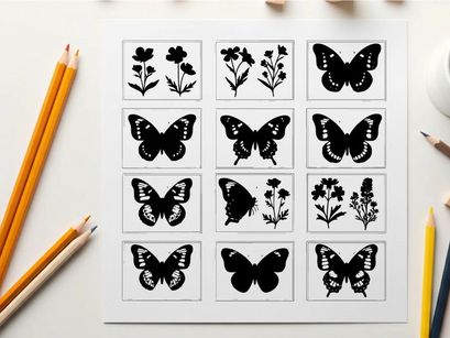 Silhouette of butterflies and flowers in grid pattern silhouette