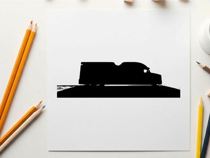 Silhouette of a large truck driving on a road against a white background