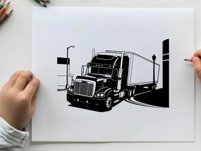 Silhouette of a semi truck parked near a loading dock at night