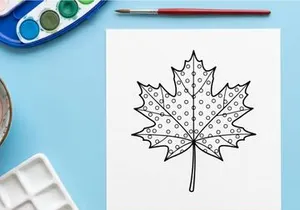Maple leaf line art with polka dots. Hand drawn botanical illustration for coloring page.