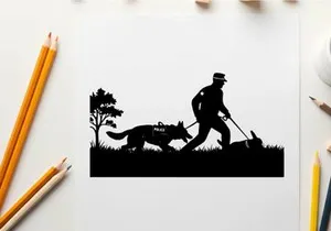 Police officer and dog in silhouette searching for evidence