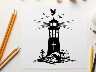 Lighthouse silhouette with cross and birds flying overhead