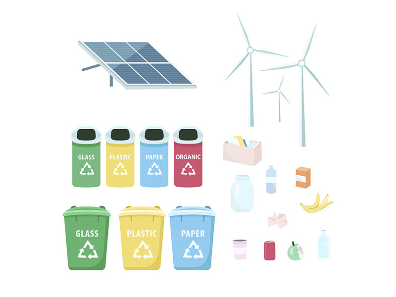 Eco friendly, sustainable lifestyle items flat color vector objects set