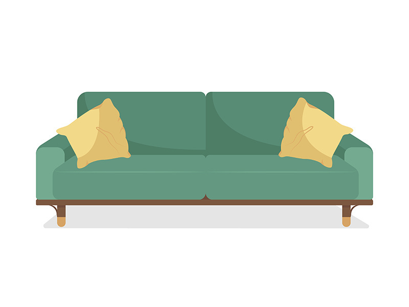 Green sofa with pillows semi flat color vector object