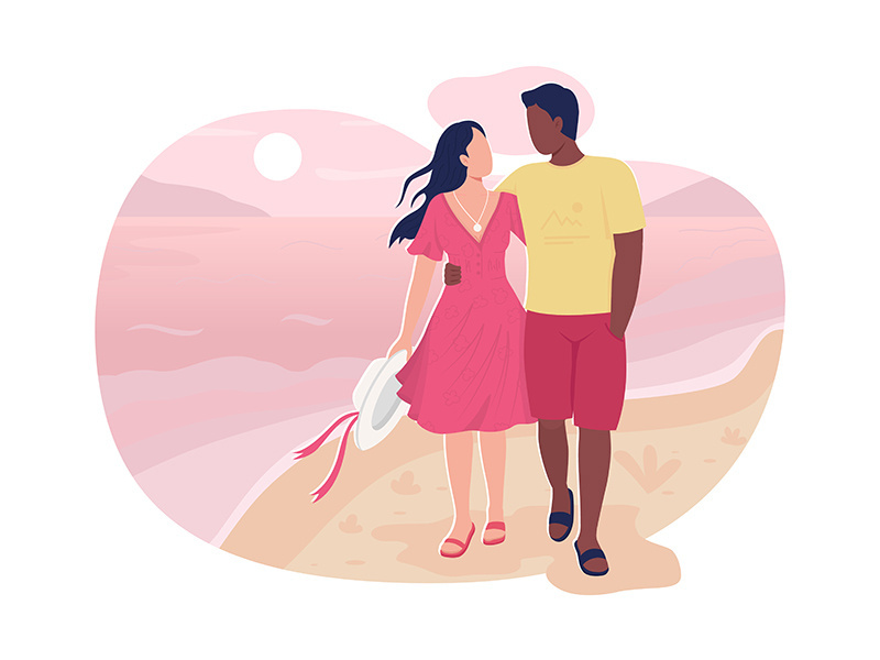 Boyfriend and girlfriend walk in beach 2D vector web banner, poster